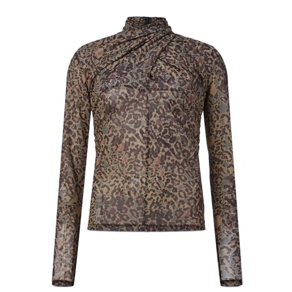 ALLSAINTS Tia Halftone Long Sleeve Top Khaki Green Leopard Print‎ Size 8 NWT